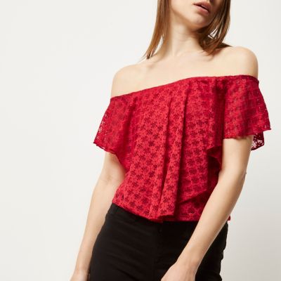 Red frilly bardot top